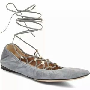 Valentino Rockstud Lace-Up Flat Gray Size 37 Suede